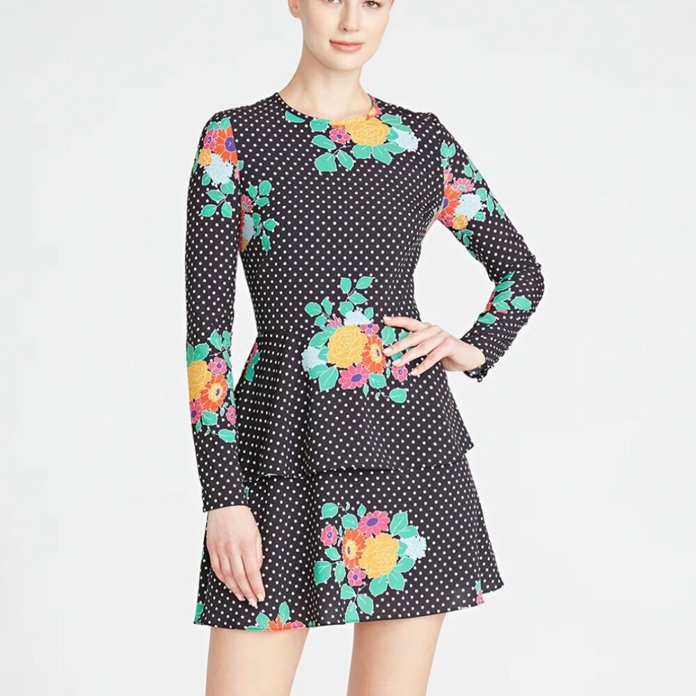NWT AMUR Dalilah Tier Dress in Black White Polka Dot Floral Size 2